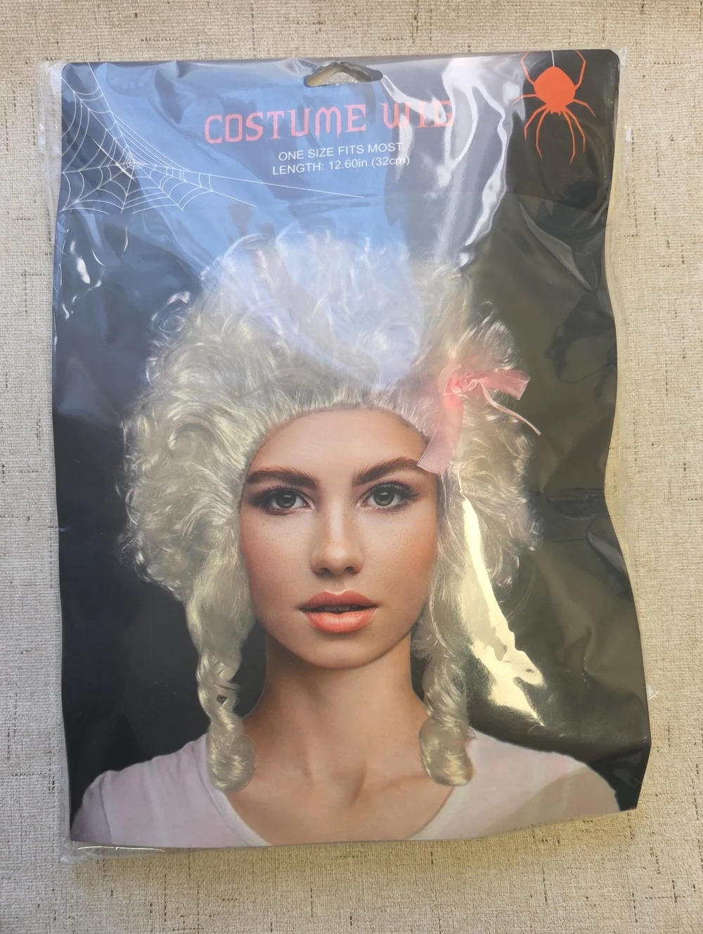 - White Curly Women's Hair with Pink Bow